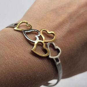 Stainless Steel Brass, Copper, Dainty Heart Cuff Bangle Bracelet Signed MC 7.5"